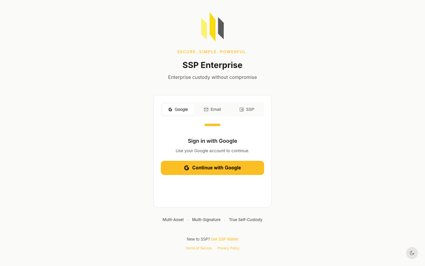 SSP Enterprise login screen with Google, Email, and SSP tabs